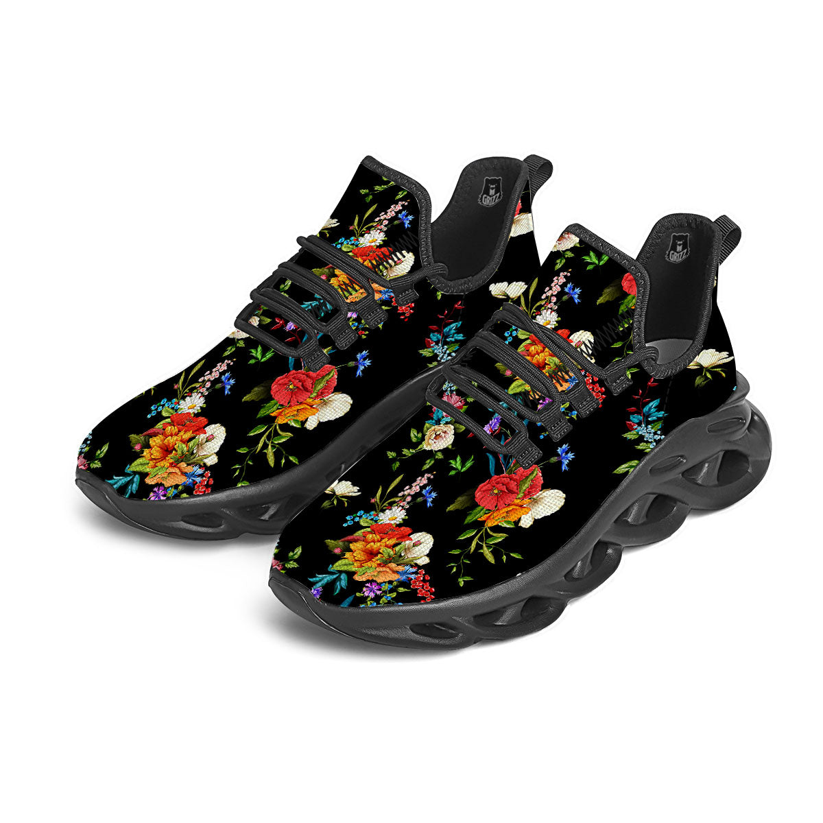 Chamomile And Poppy Print Pattern Black Running Shoes-grizzshop