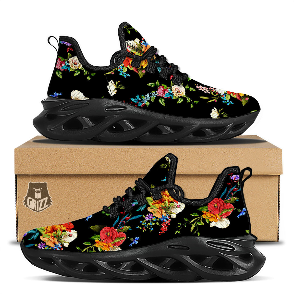 Chamomile And Poppy Print Pattern Black Running Shoes-grizzshop