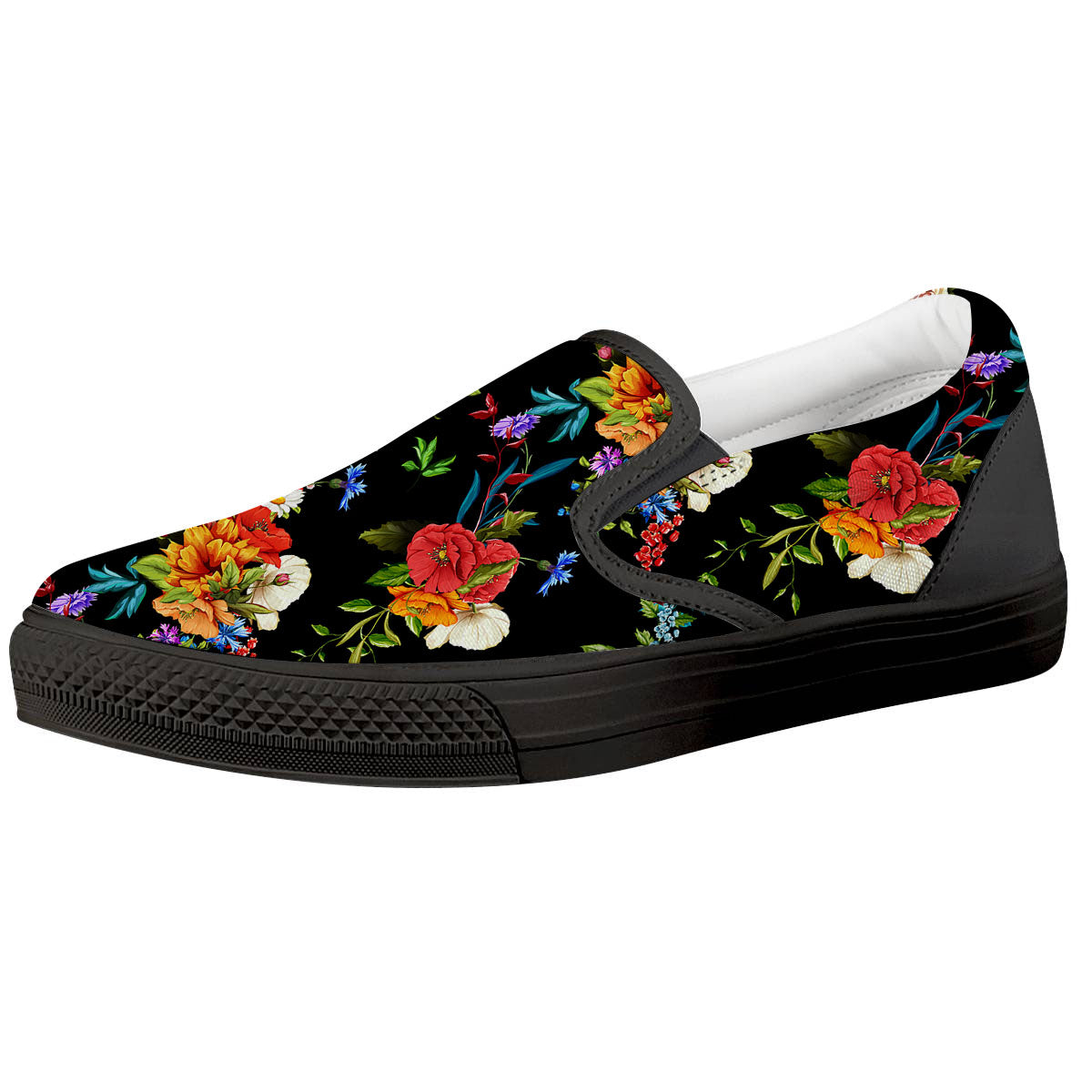 Chamomile And Poppy Print Pattern Black Slip On Shoes-grizzshop