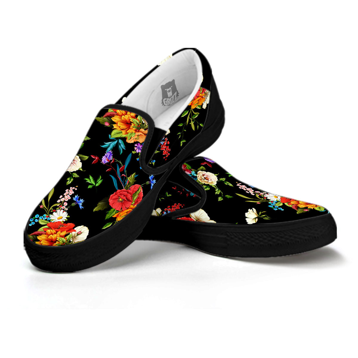 Chamomile And Poppy Print Pattern Black Slip On Shoes-grizzshop