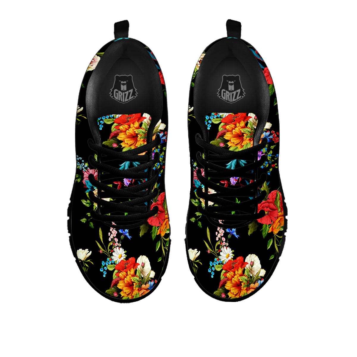 Chamomile And Poppy Print Pattern Black Sneaker-grizzshop