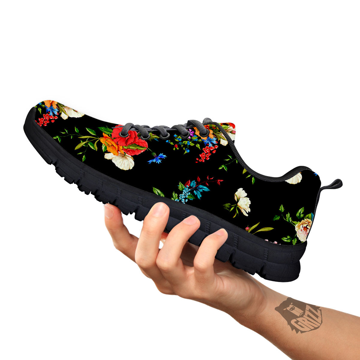 Chamomile And Poppy Print Pattern Black Sneaker-grizzshop