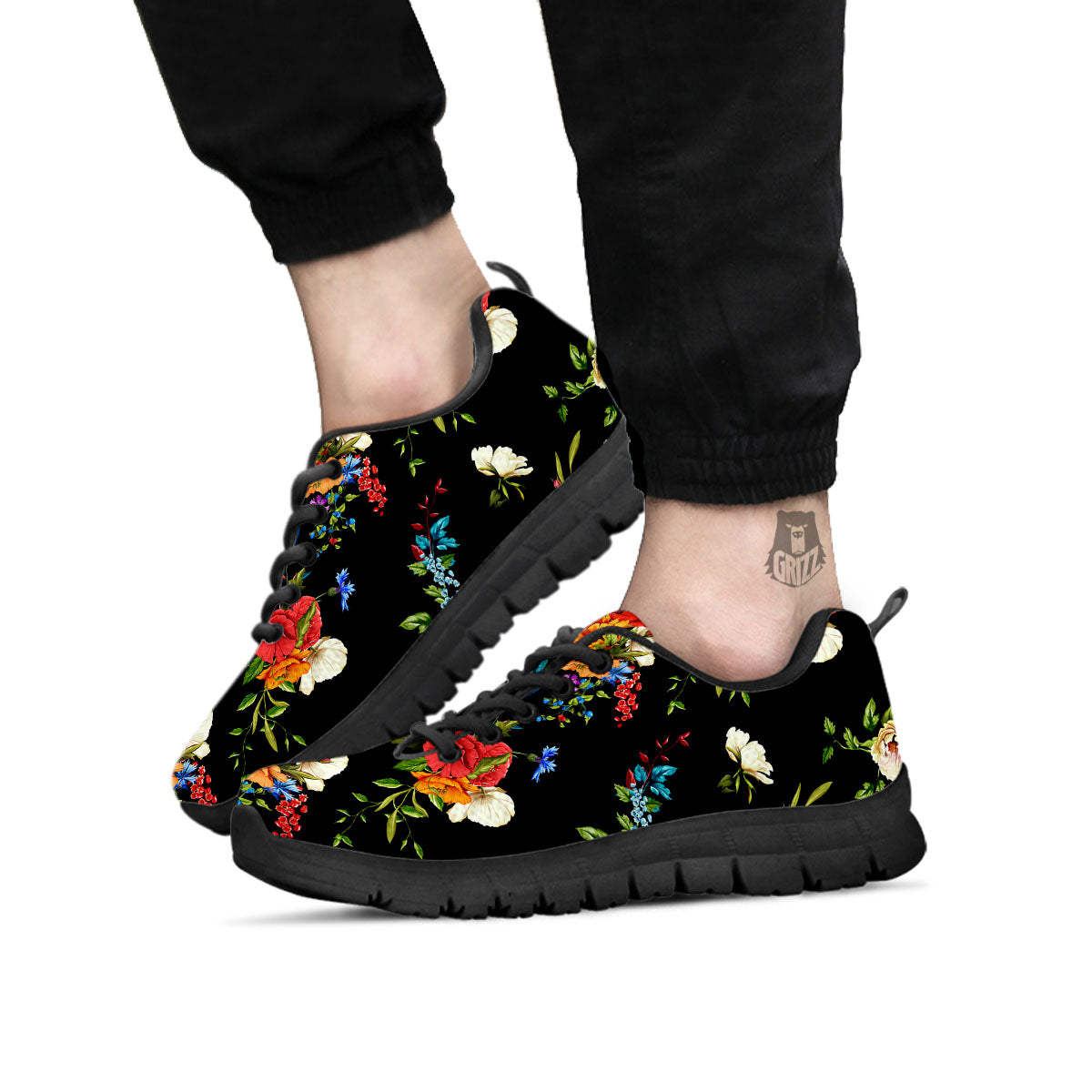 Chamomile And Poppy Print Pattern Black Sneaker-grizzshop