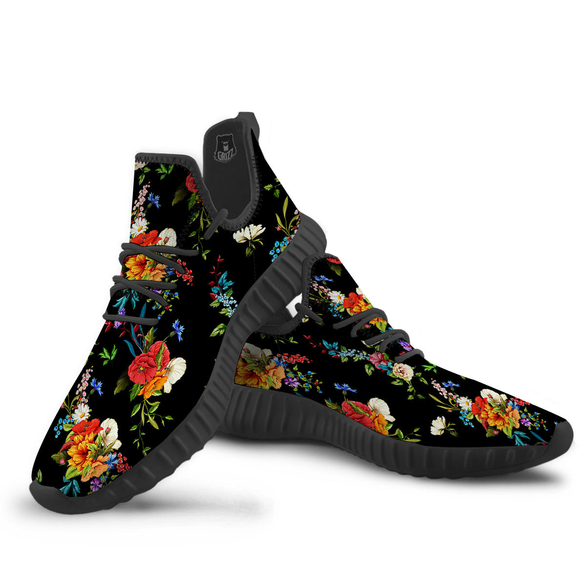 Chamomile And Poppy Print Pattern Black Walking Shoes-grizzshop