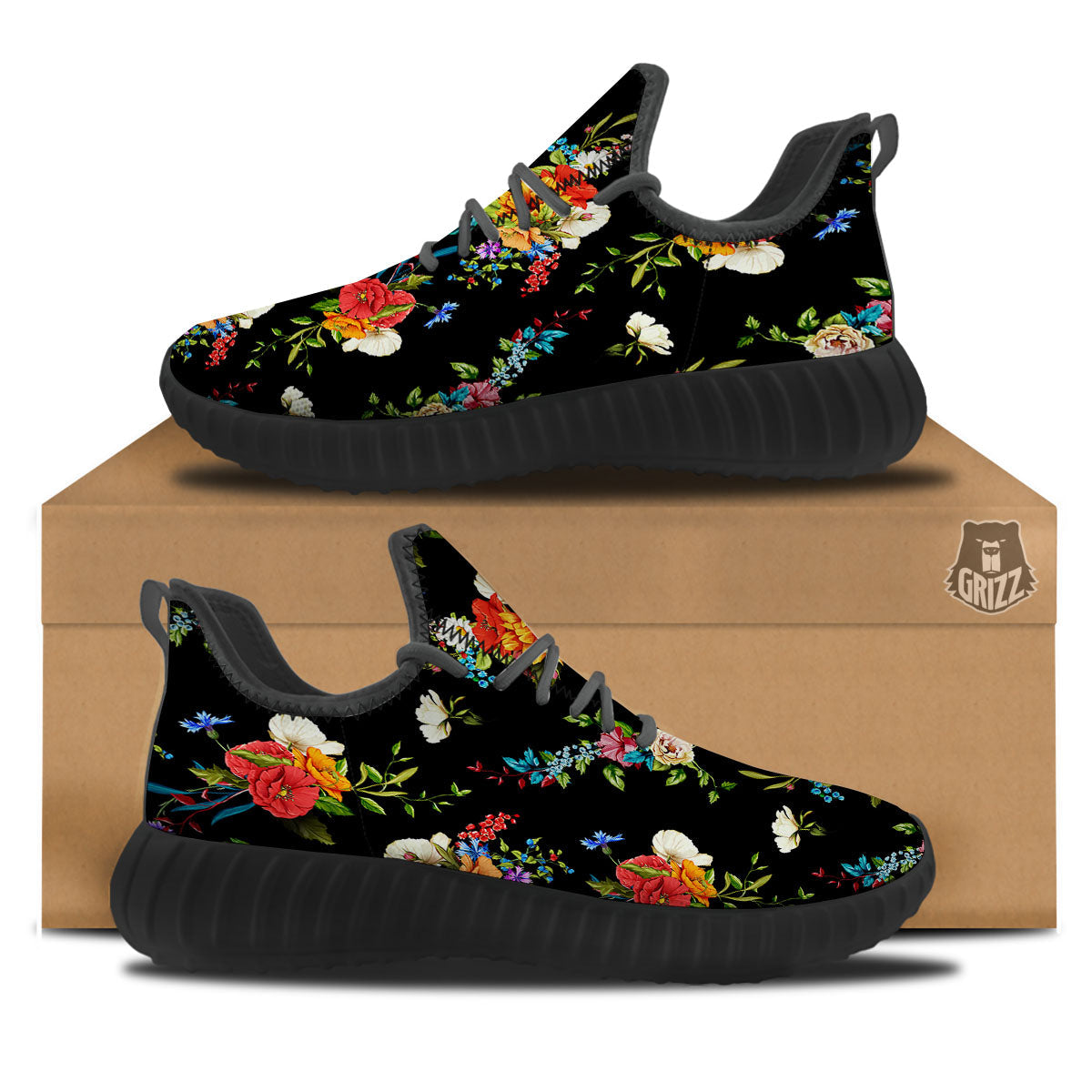 Chamomile And Poppy Print Pattern Black Walking Shoes-grizzshop