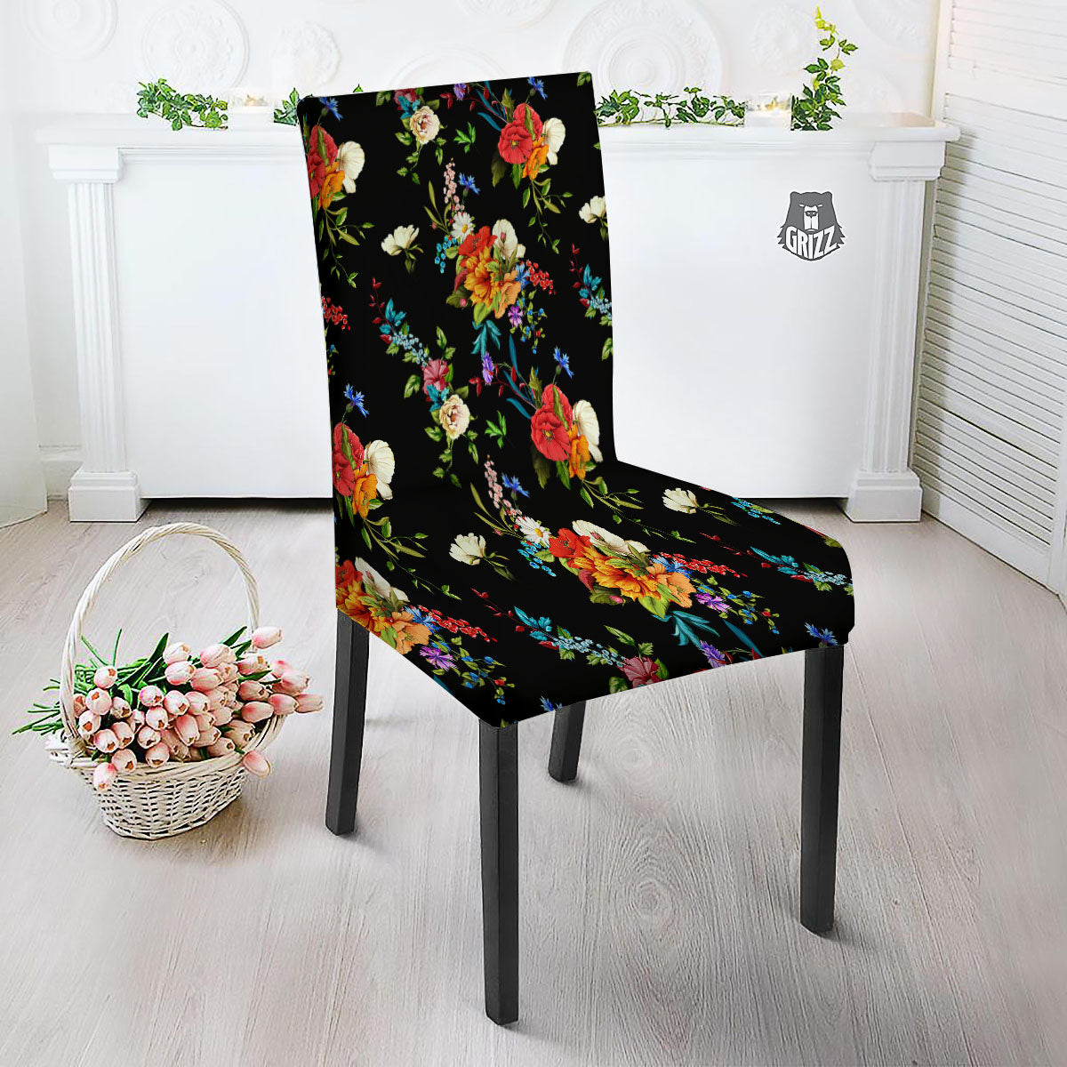 Chamomile And Poppy Print Pattern Dining Chair Slipcover-grizzshop
