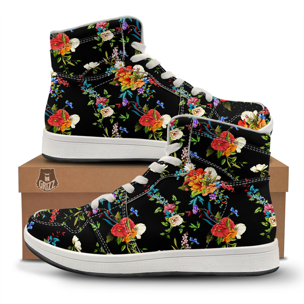 Chamomile And Poppy Print Pattern High Top Sneakers-grizzshop