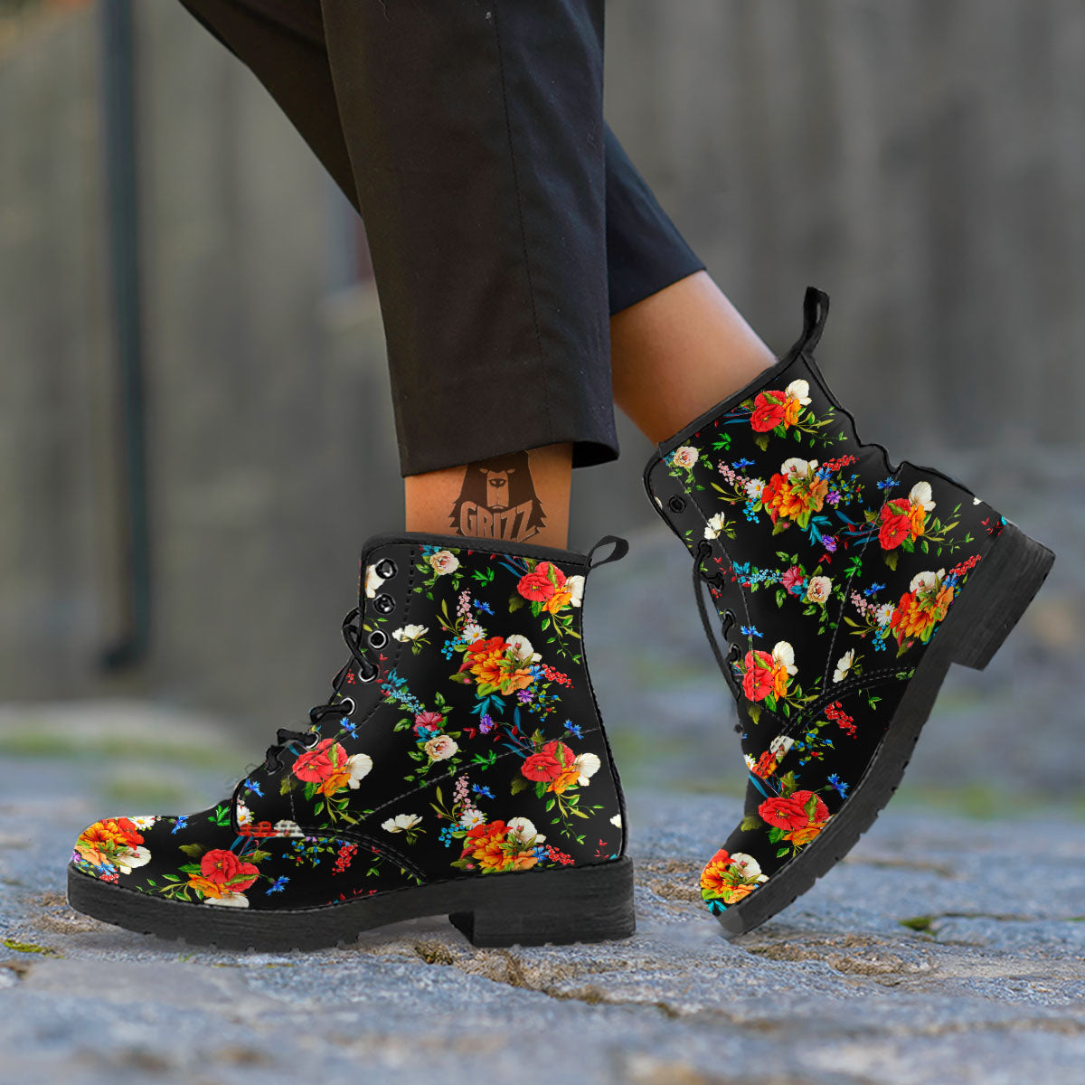 Chamomile And Poppy Print Pattern Leather Boots-grizzshop