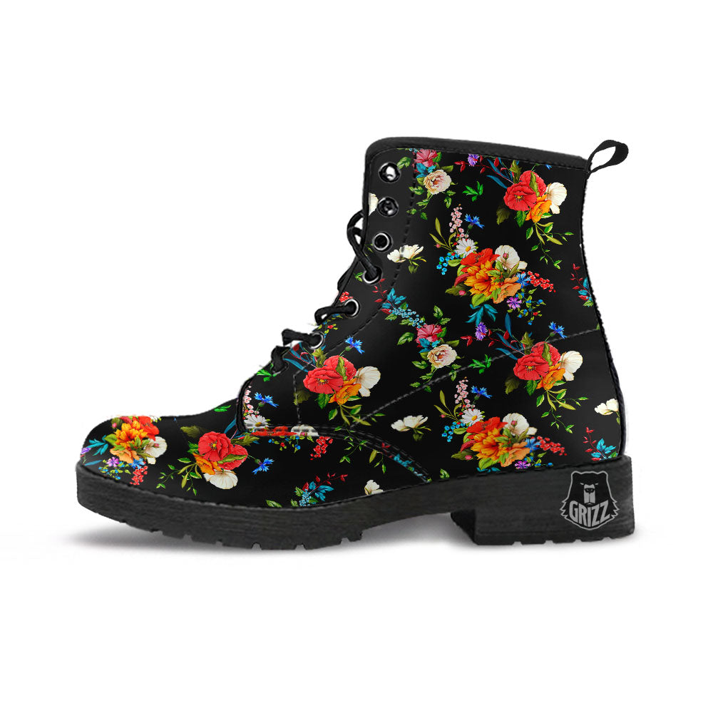 Chamomile And Poppy Print Pattern Leather Boots-grizzshop