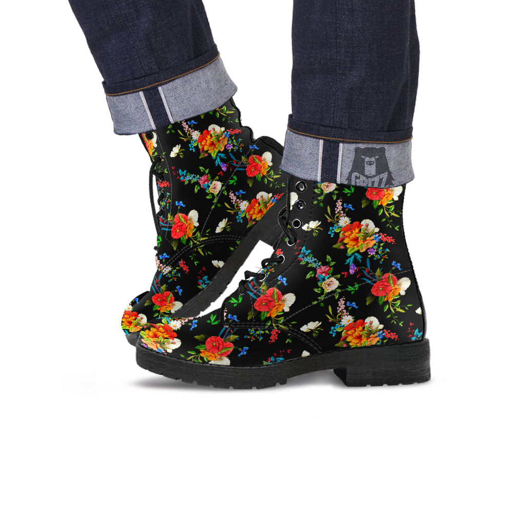 Chamomile And Poppy Print Pattern Leather Boots-grizzshop