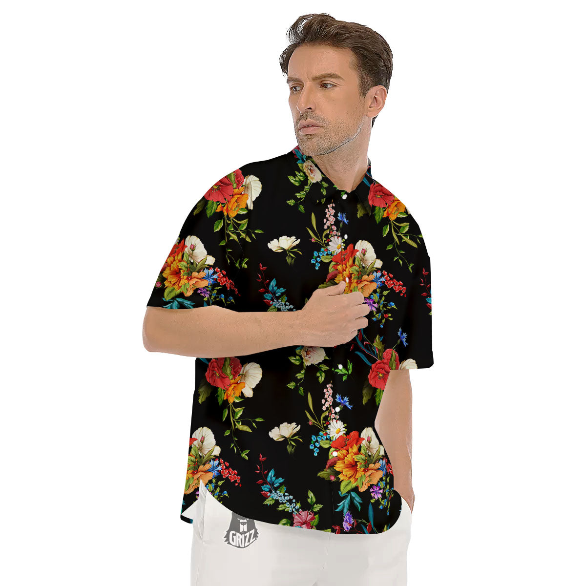 Chamomile And Poppy Print Pattern Men's Short Sleeve Shirts-grizzshop