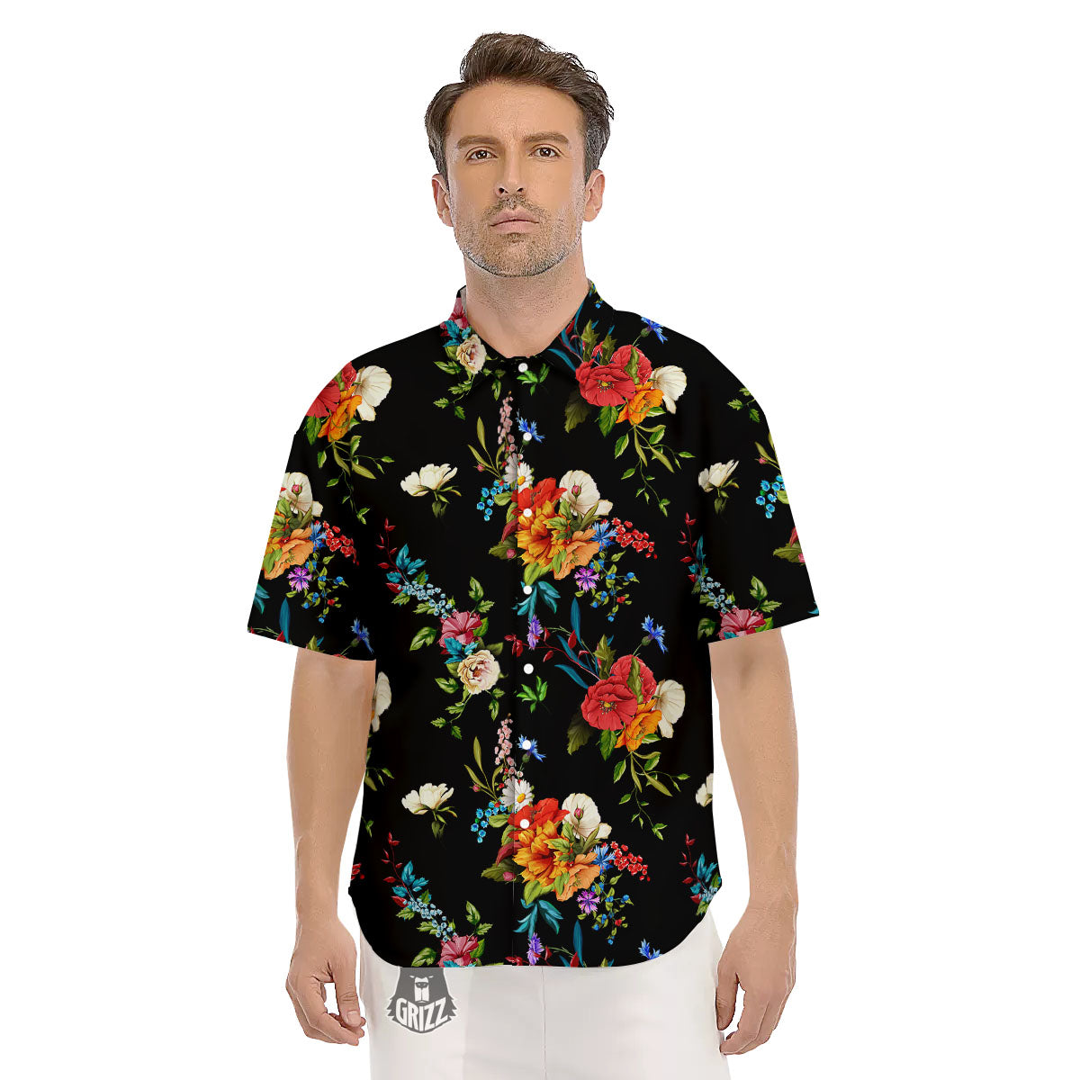 Chamomile And Poppy Print Pattern Men's Short Sleeve Shirts-grizzshop