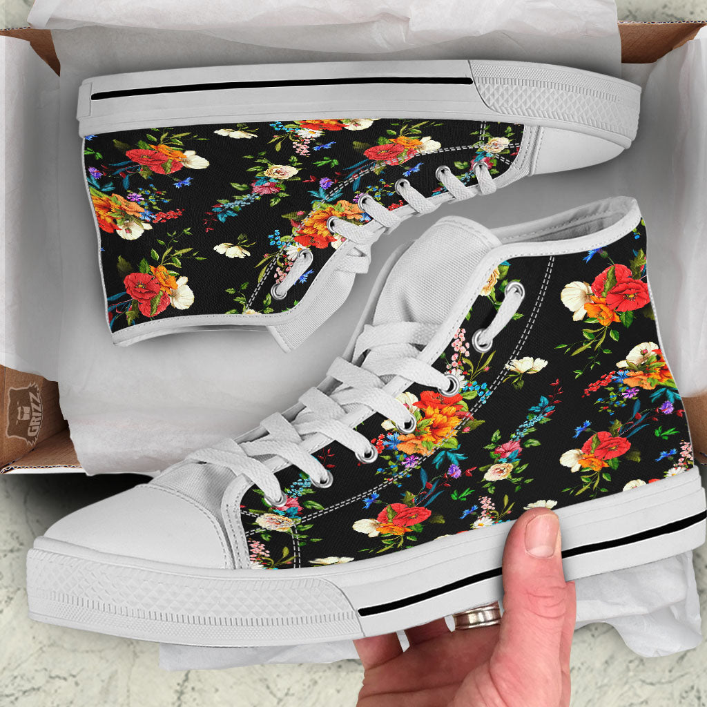 Chamomile And Poppy Print Pattern White High Top Shoes-grizzshop