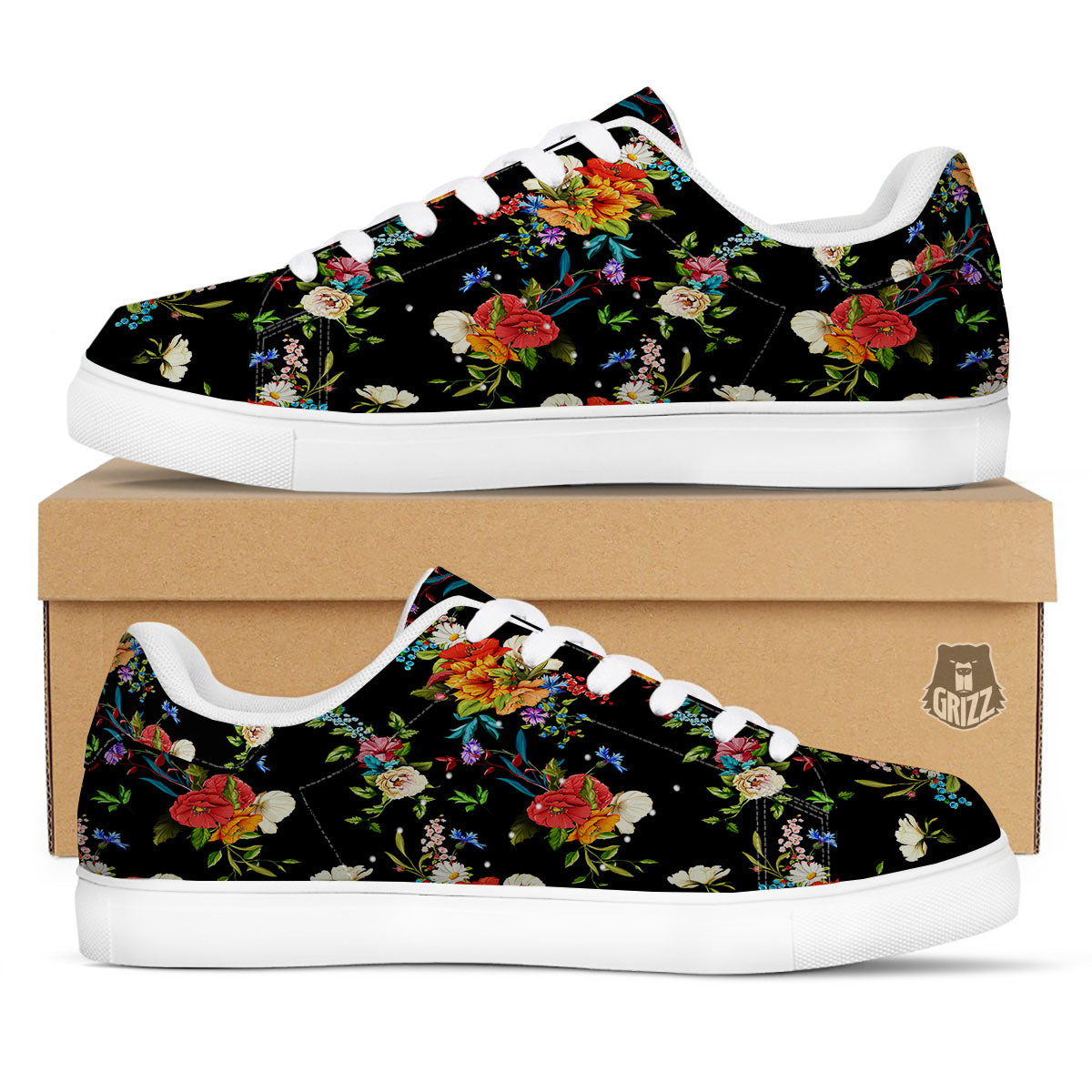 Chamomile And Poppy Print Pattern White Low Top Sneakers-grizzshop