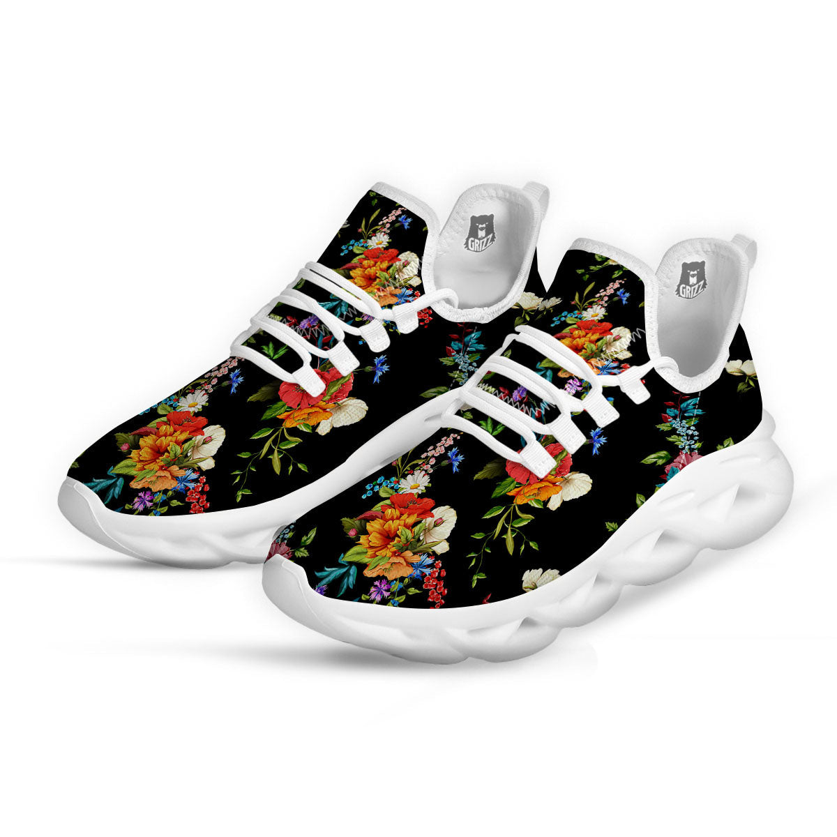 Chamomile And Poppy Print Pattern White Running Shoes-grizzshop