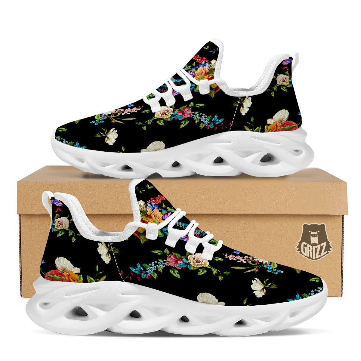Chamomile And Poppy Print Pattern White Running Shoes-grizzshop