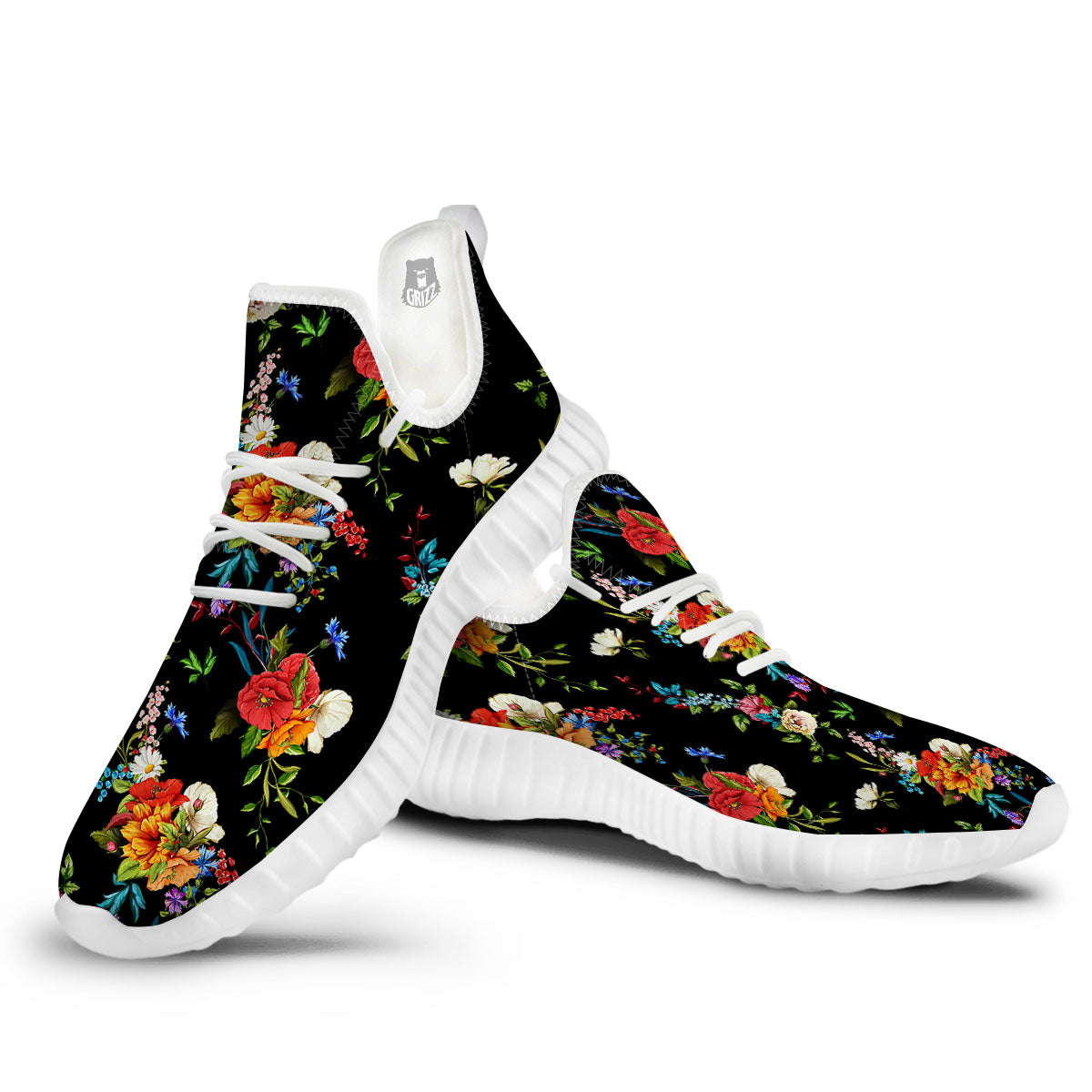 Chamomile And Poppy Print Pattern White Walking Shoes-grizzshop