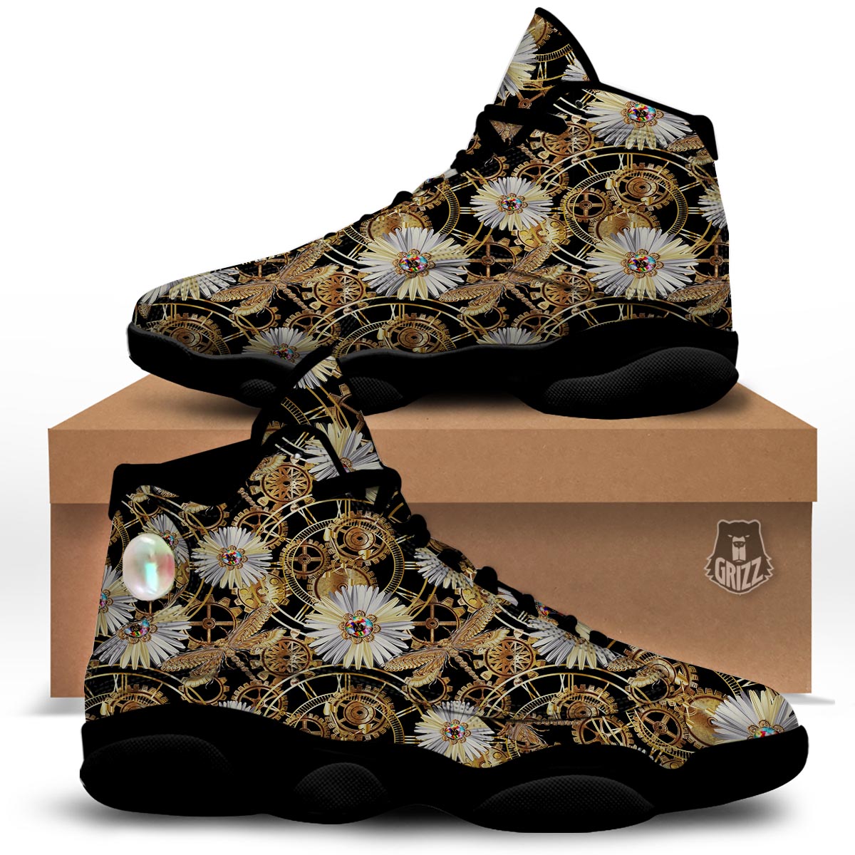 Chamomile Steampunk Print Pattern Black Basketball Shoes-grizzshop