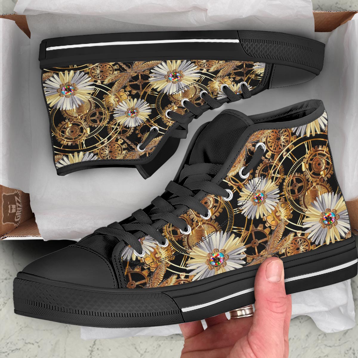 Chamomile Steampunk Print Pattern Black High Top Shoes-grizzshop