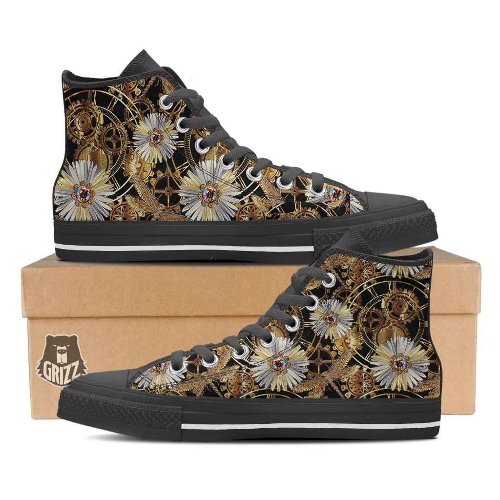 Chamomile Steampunk Print Pattern Black High Top Shoes-grizzshop