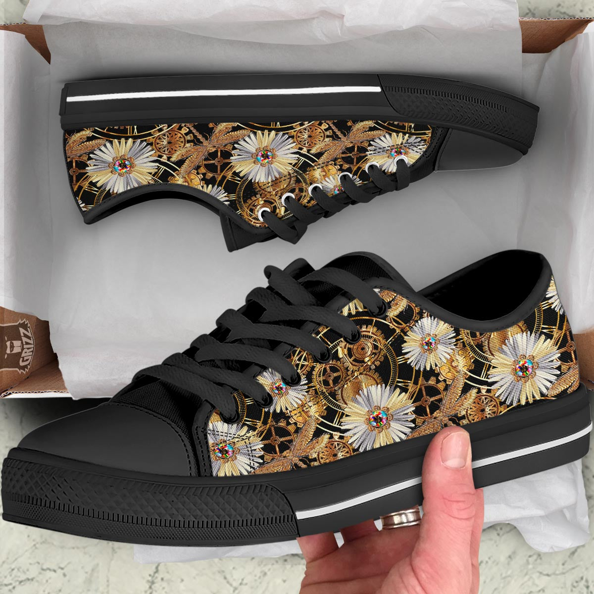 Chamomile Steampunk Print Pattern Black Low Top Shoes-grizzshop