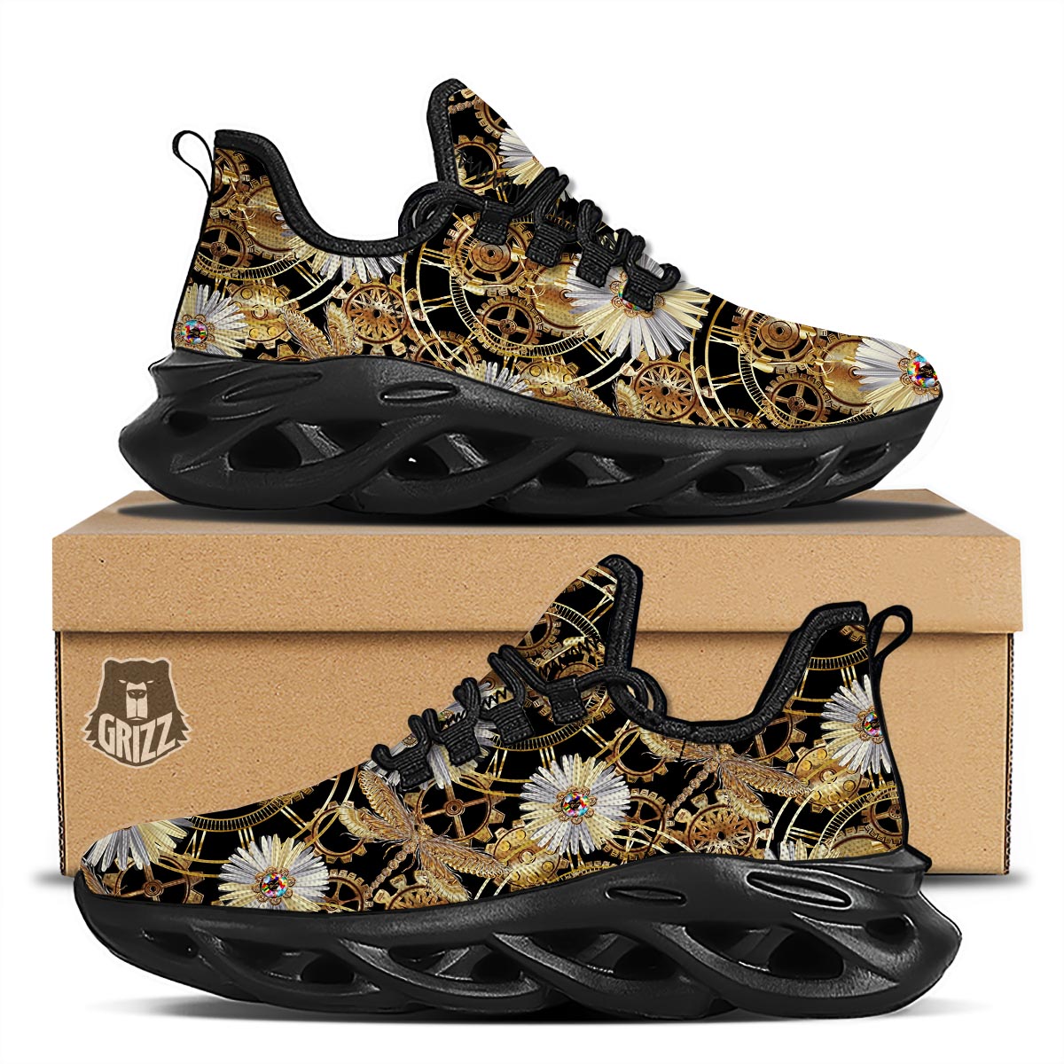 Chamomile Steampunk Print Pattern Black Running Shoes-grizzshop