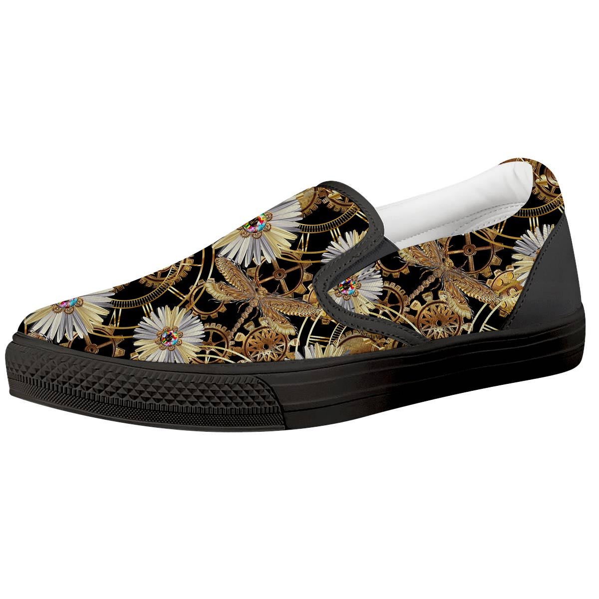 Chamomile Steampunk Print Pattern Black Slip On Shoes-grizzshop