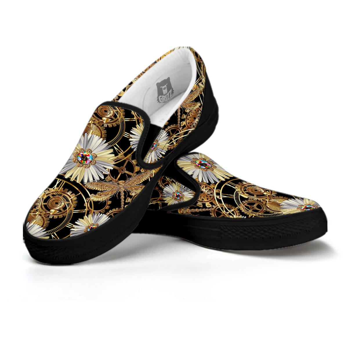 Chamomile Steampunk Print Pattern Black Slip On Shoes-grizzshop