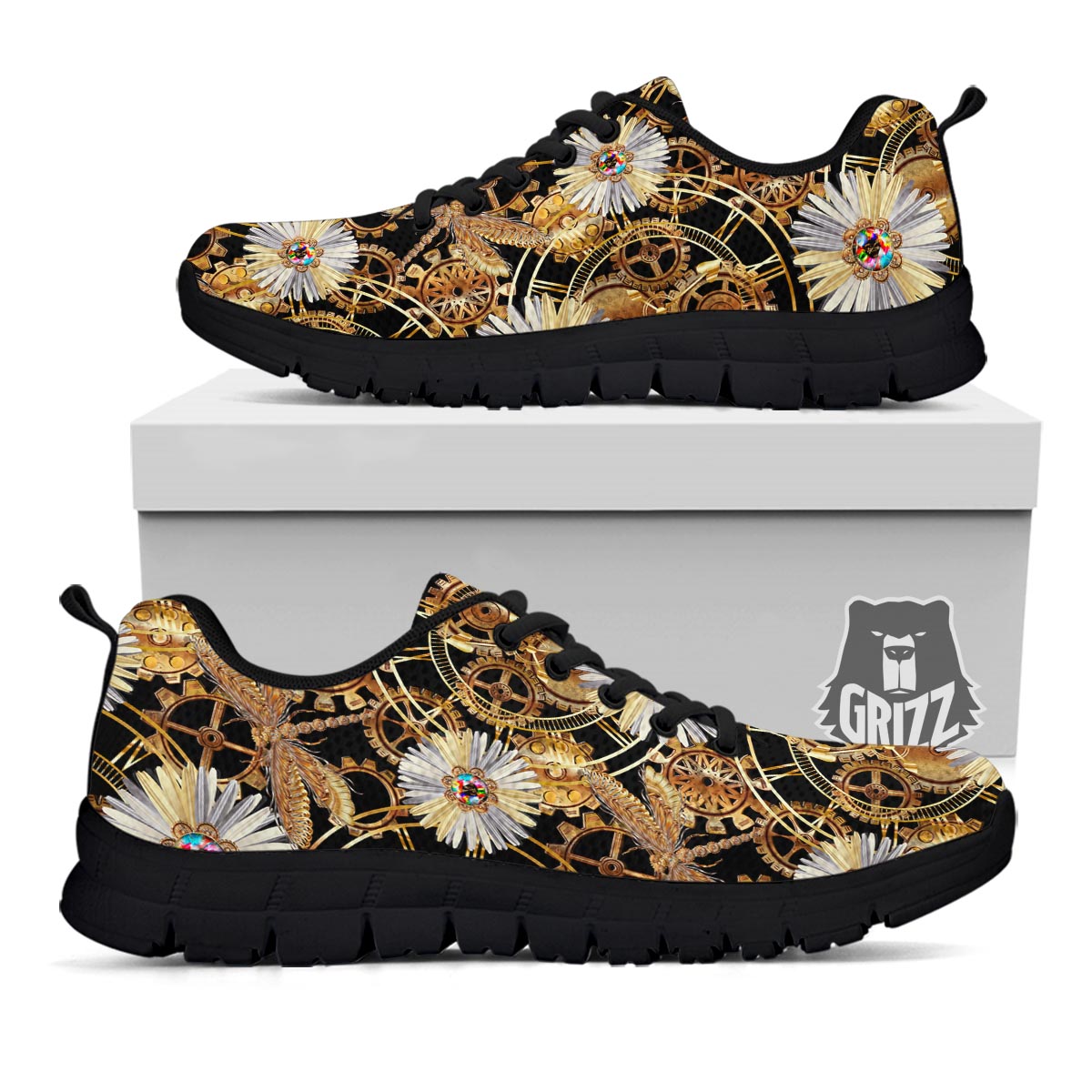 Chamomile Steampunk Print Pattern Black Sneaker-grizzshop