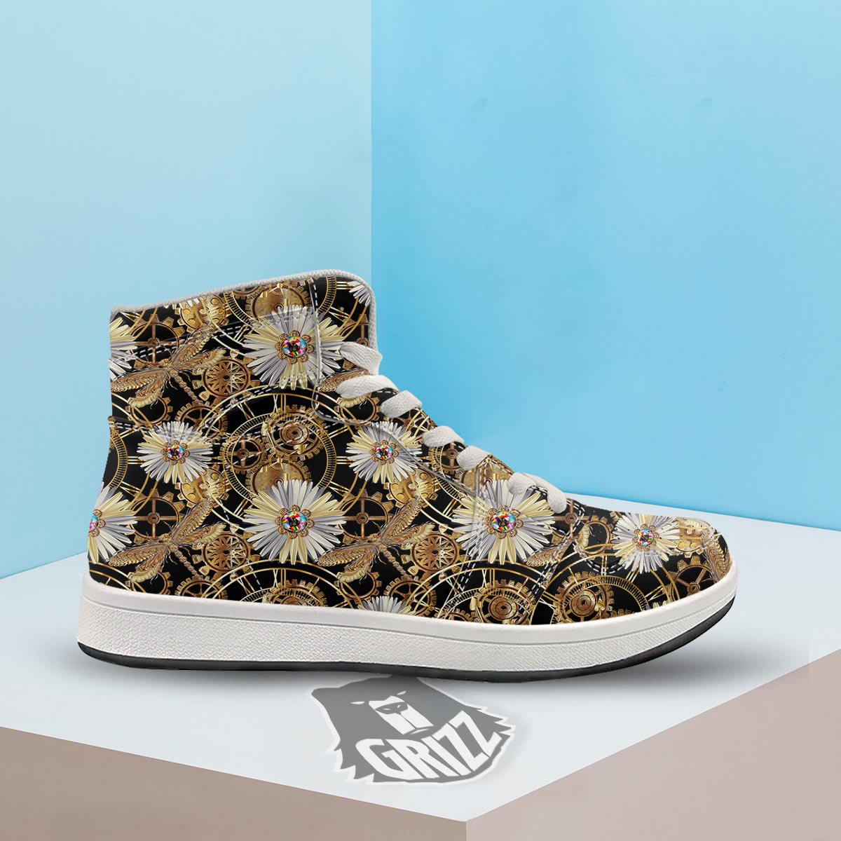 Chamomile Steampunk Print Pattern High Top Sneakers-grizzshop