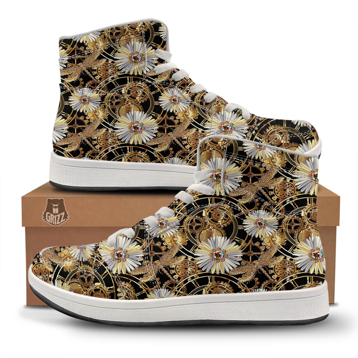 Chamomile Steampunk Print Pattern High Top Sneakers-grizzshop