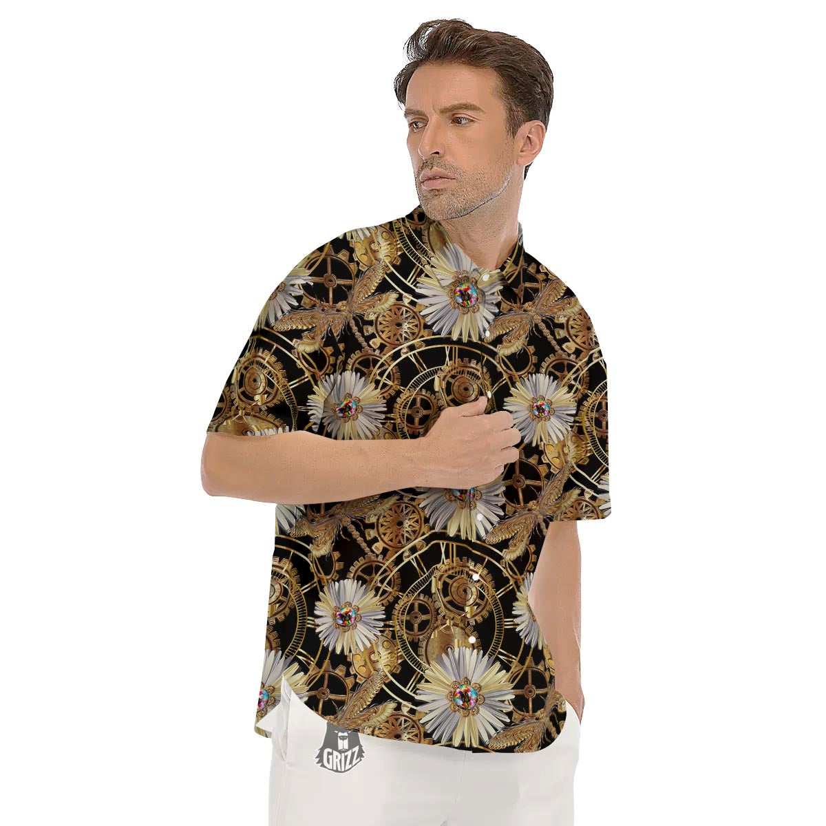 Chamomile Steampunk Print Pattern Men's Short Sleeve Shirts-grizzshop