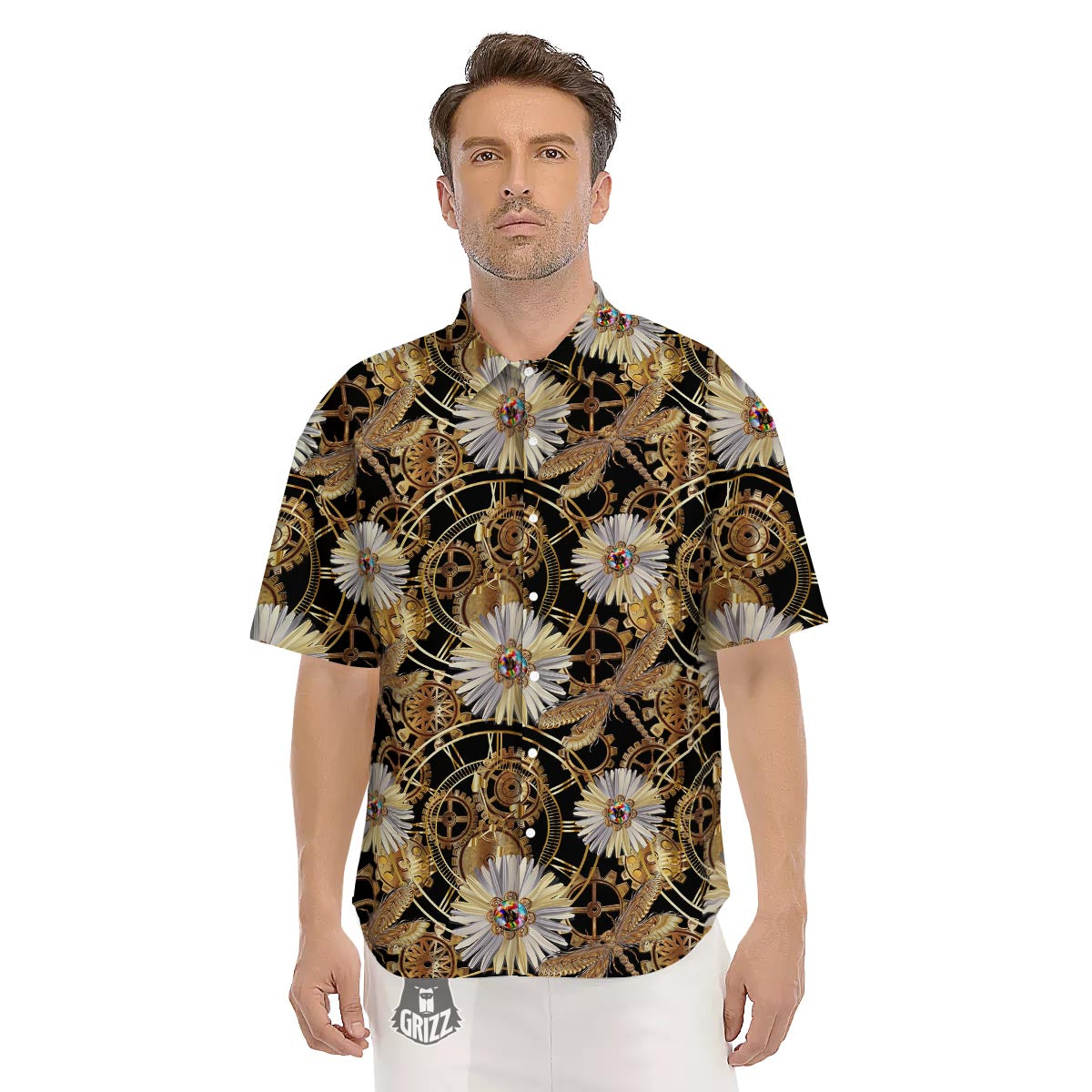 Chamomile Steampunk Print Pattern Men's Short Sleeve Shirts-grizzshop