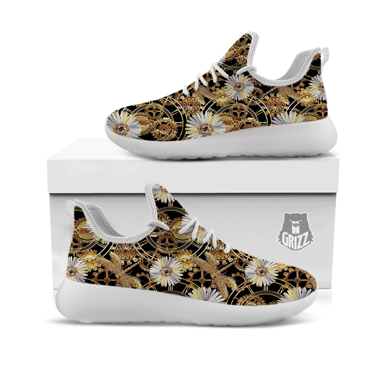 Chamomile Steampunk Print Pattern White Athletic Shoes-grizzshop