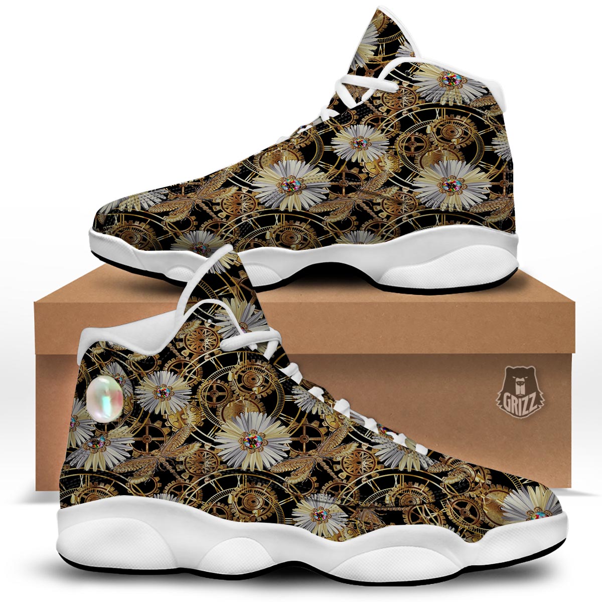 Chamomile Steampunk Print Pattern White Basketball Shoes-grizzshop