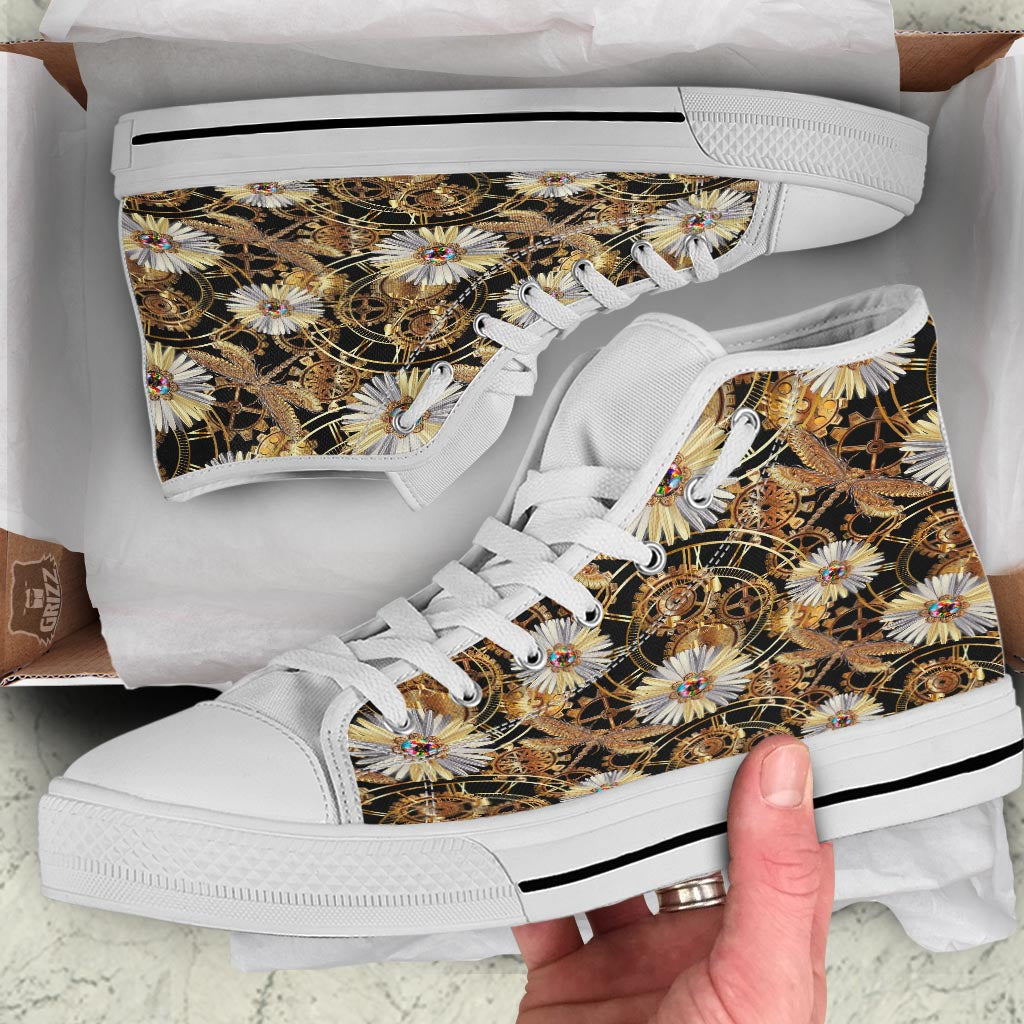 Chamomile Steampunk Print Pattern White High Top Shoes-grizzshop