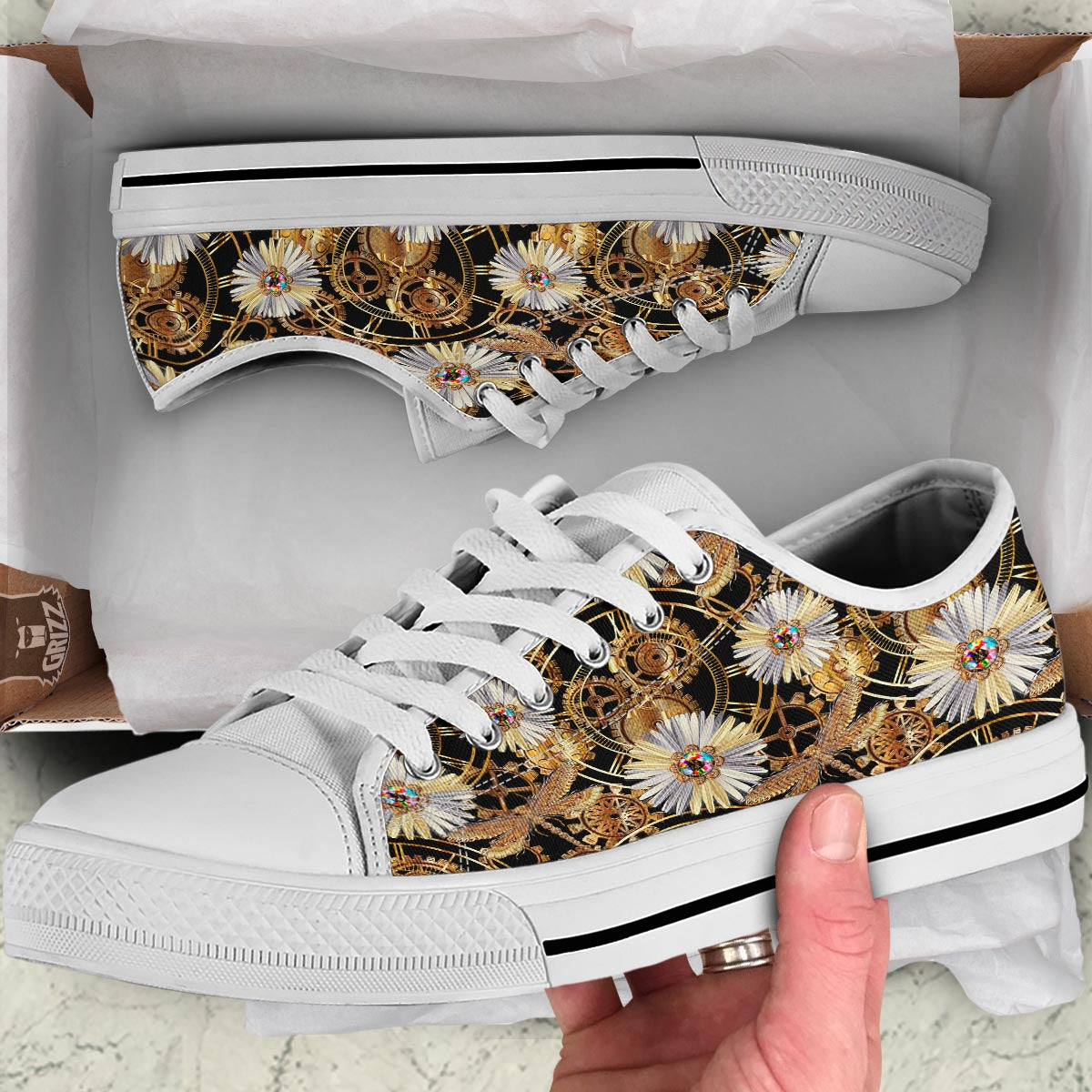 Chamomile Steampunk Print Pattern White Low Top Shoes-grizzshop