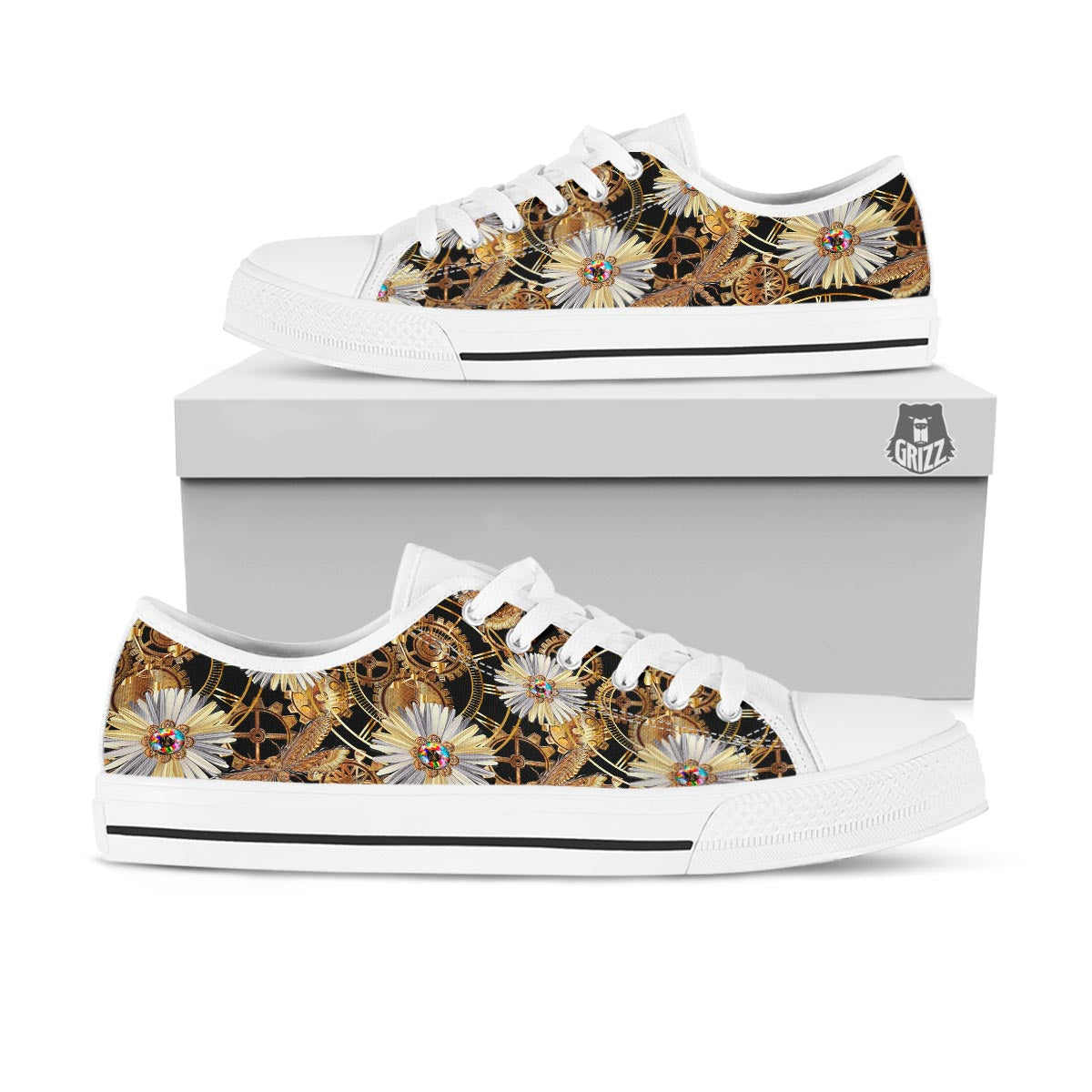 Chamomile Steampunk Print Pattern White Low Top Shoes-grizzshop