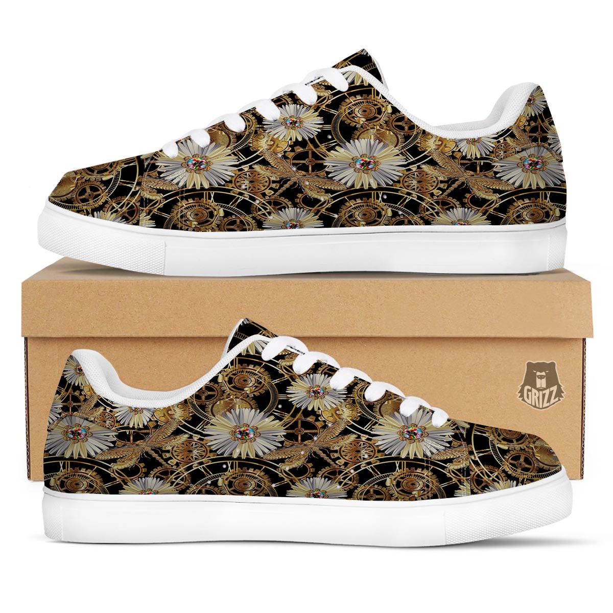 Chamomile Steampunk Print Pattern White Low Top Sneakers-grizzshop