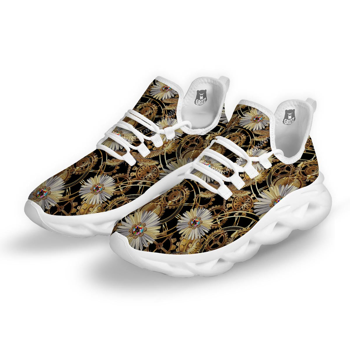 Chamomile Steampunk Print Pattern White Running Shoes-grizzshop