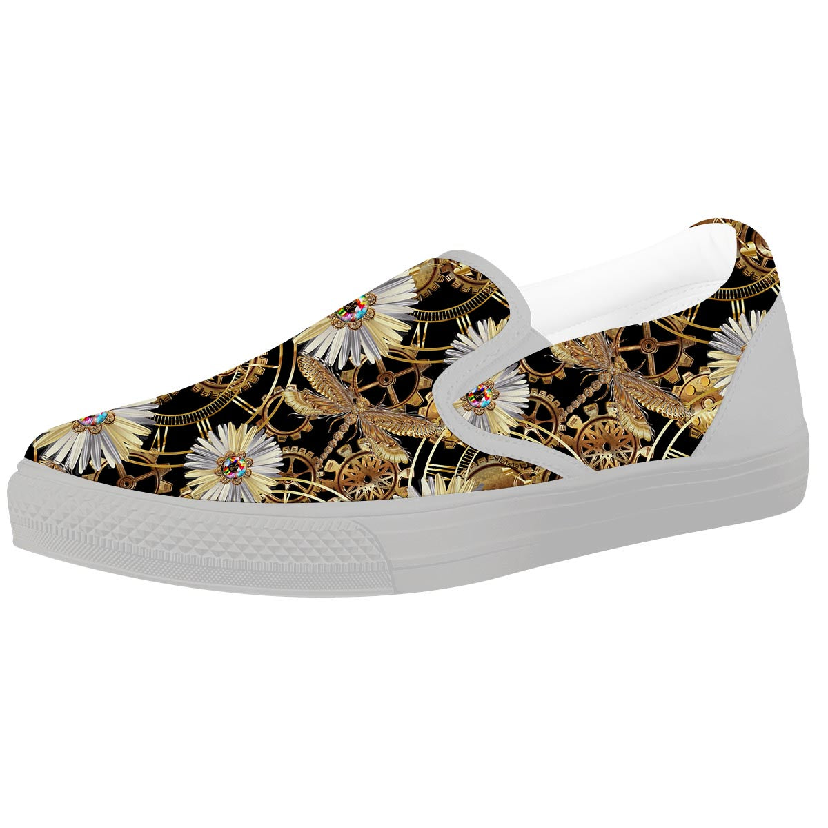Chamomile Steampunk Print Pattern White Slip On Shoes-grizzshop