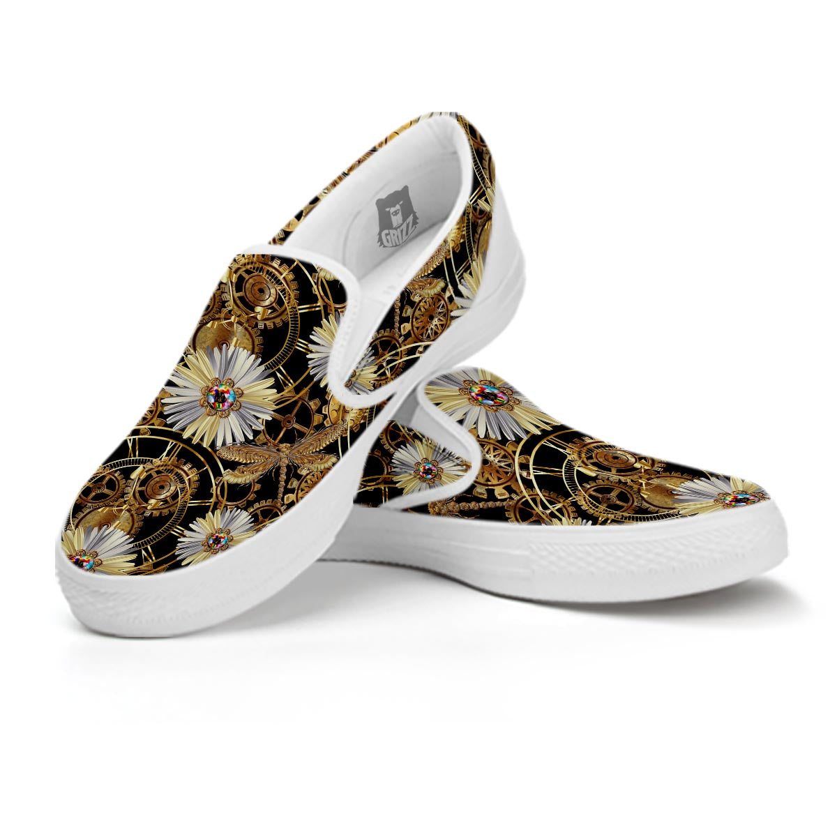 Chamomile Steampunk Print Pattern White Slip On Shoes-grizzshop