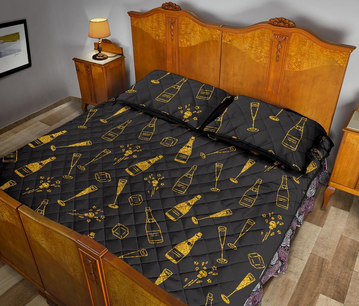 Champagne Gold Glitter Pattern Print Bed Set Quilt-grizzshop