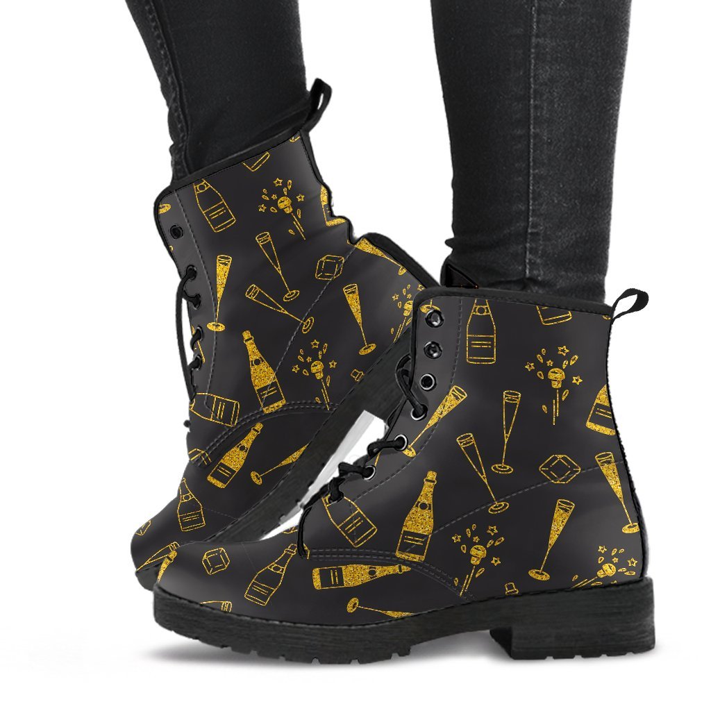 Champagne Gold Glitter Pattern Print Men Women Leather Boots-grizzshop