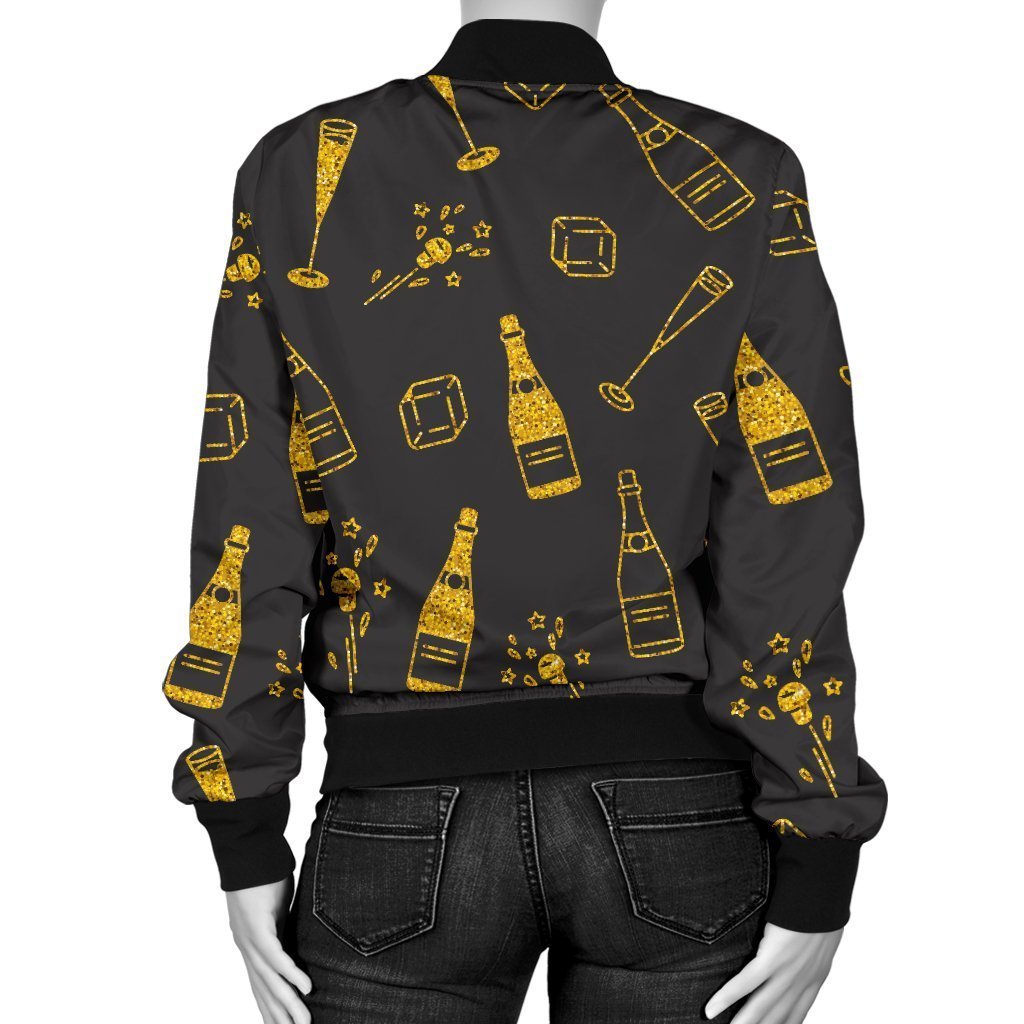Champagne Gold Glitter Pattern Print Women Casual Bomber Jacket-grizzshop