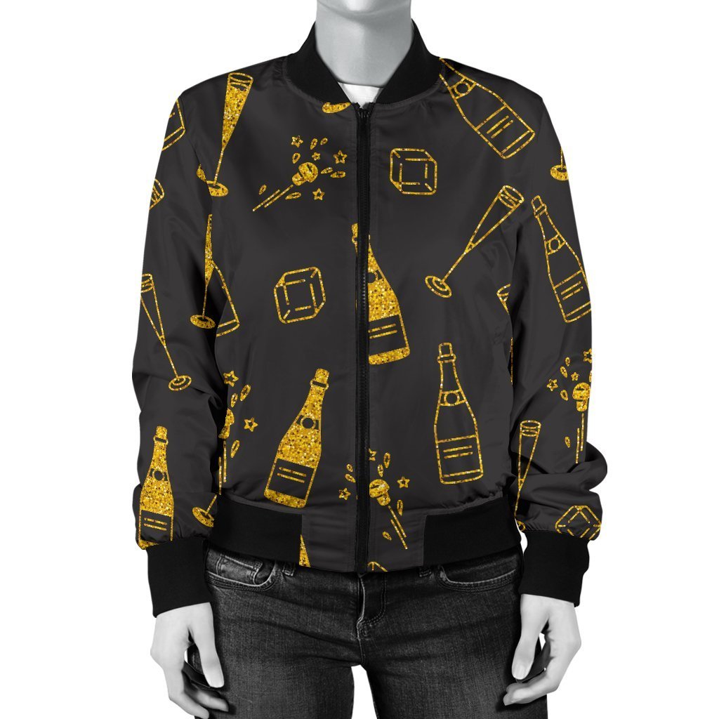Champagne Gold Glitter Pattern Print Women Casual Bomber Jacket-grizzshop