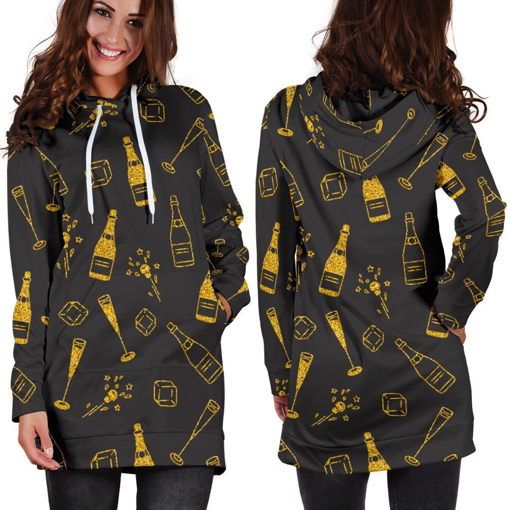 Champagne Gold Glitter Pattern Print Women Hoodie Dress-grizzshop