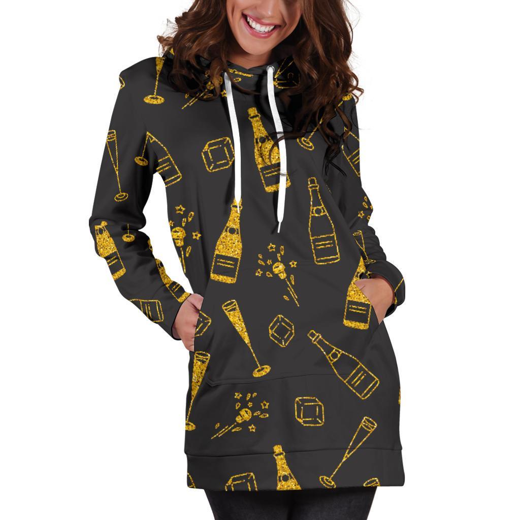 Champagne Gold Glitter Pattern Print Women Hoodie Dress-grizzshop