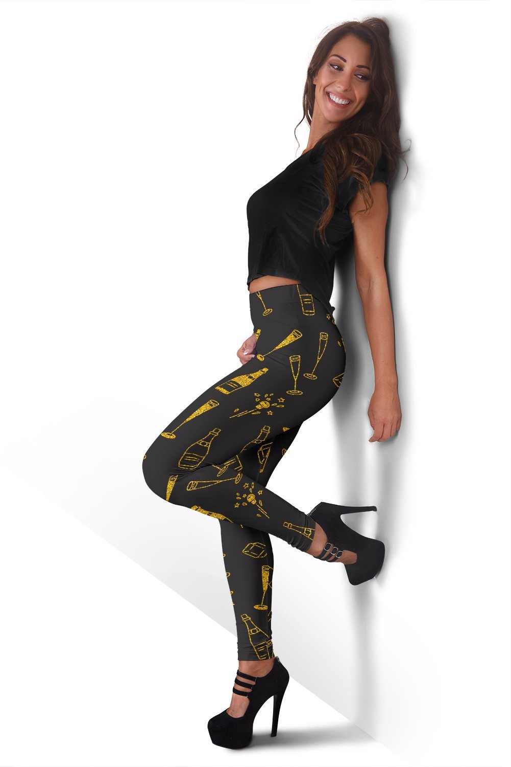 Champagne Gold Glitter Pattern Print Women Leggings-grizzshop