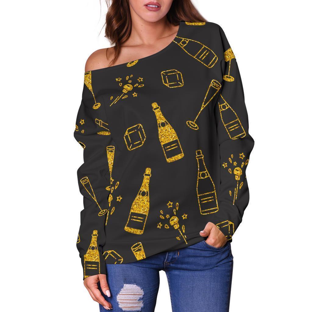 Champagne Gold Glitter Pattern Print Women Off Shoulder Sweatshirt-grizzshop